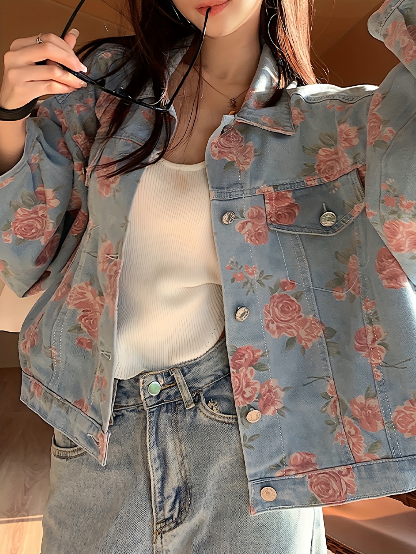 Embroidered Denim Jacket With Roses Retro Floral Denim Jacket