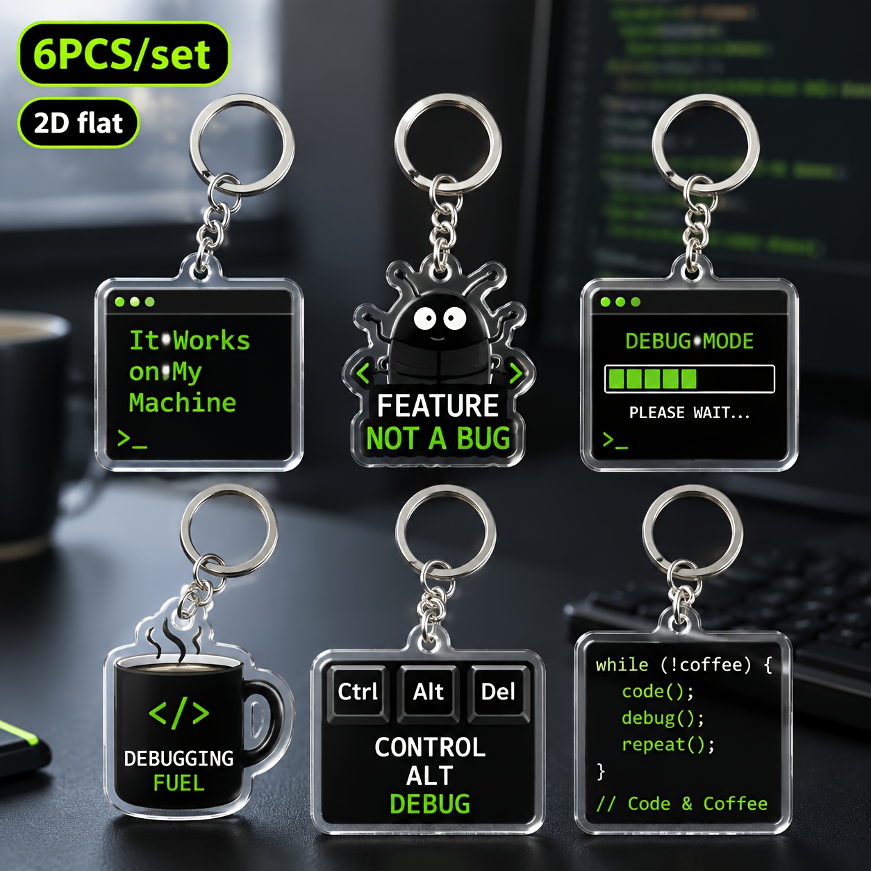 TEMU 2d Flat, 6pcs Set Of Fun Programmer Humorous Acrylic Keychains, Computer Programming Theme, Developer It Gift, 2d Flat Teacher's Day Gift, Thank
