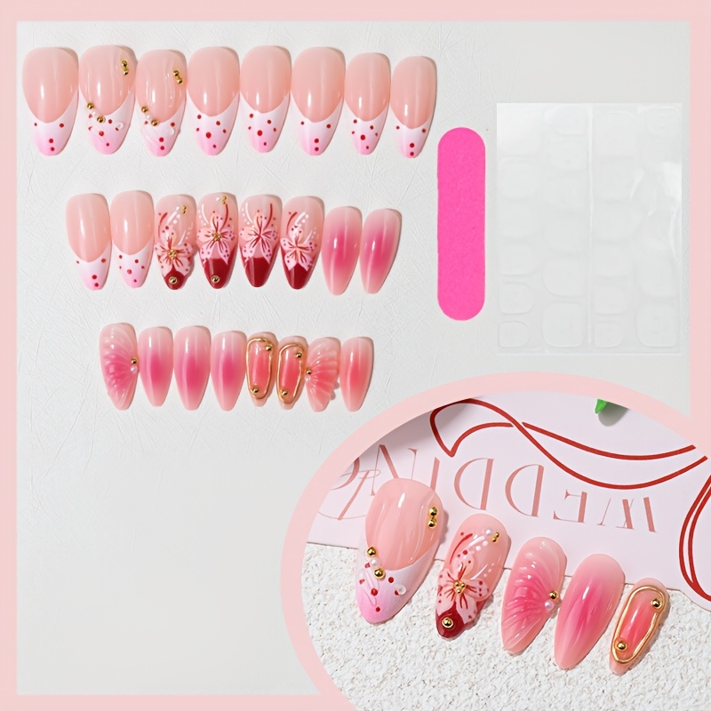 TEMU 24 stuks Roze Sakura Plaknagels, 3D Bloem Amandel Nagel Imitaties met Gouden Stalen Kralen, Parel Decoratie, Herbruikbare Nagel Imitaties,