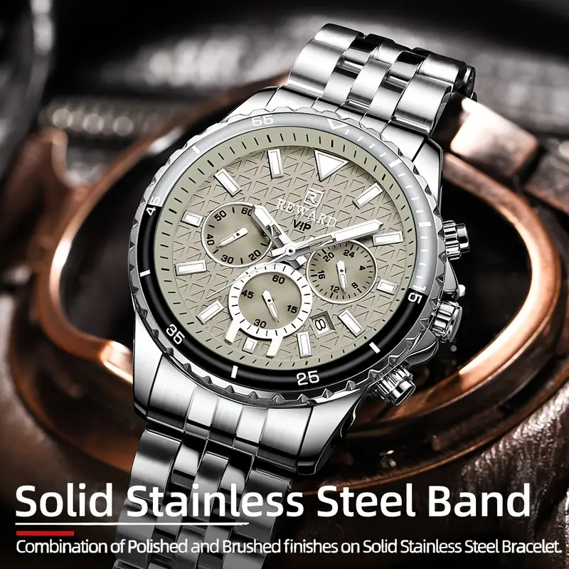new reward business silvery gray quartz watch men timing calendar luminous hands multi functional wristwatch high quality gift for male stainless steel watch band reward 4