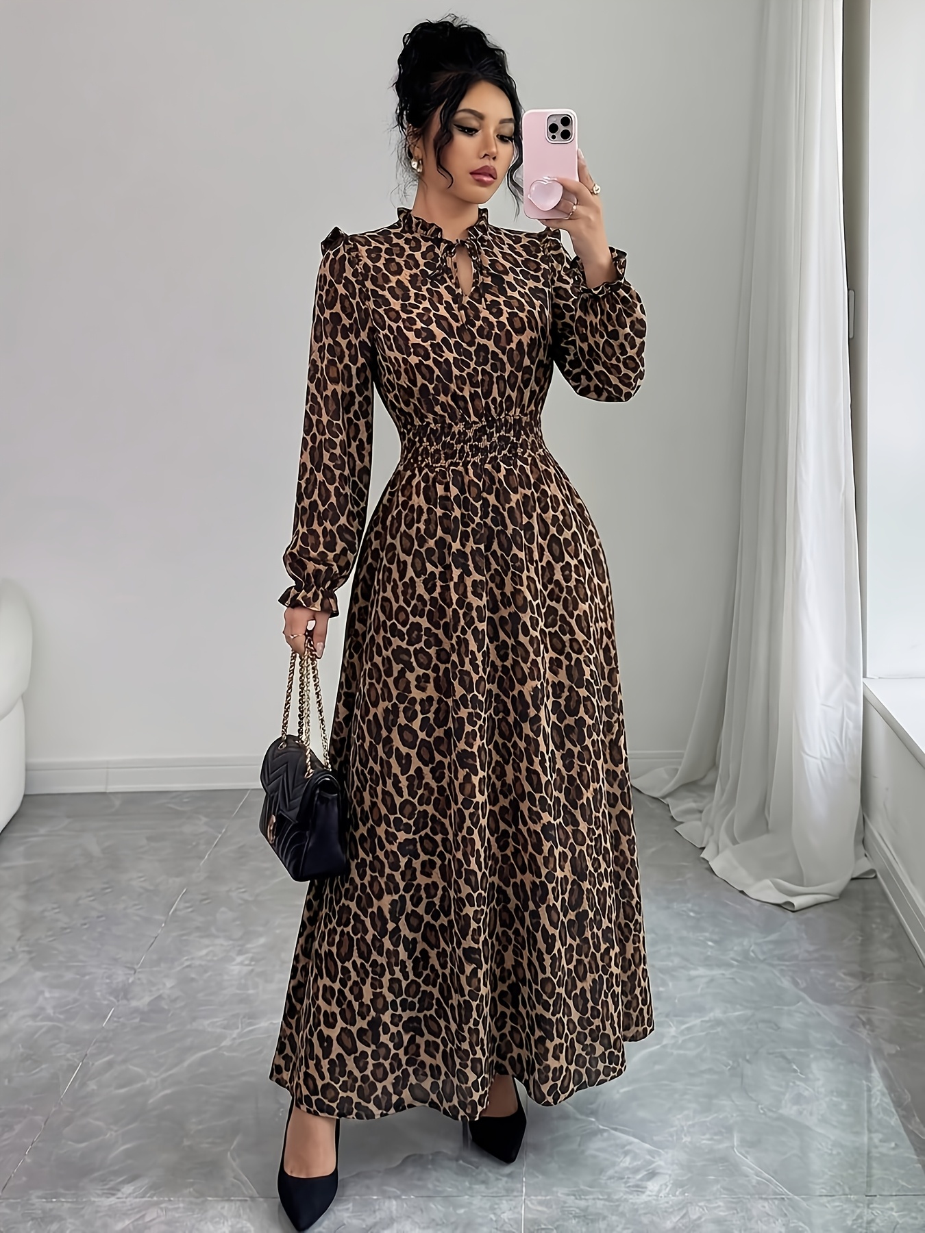 Womens Leopard Print Ruffle Hem Tie Long Sleeve Dress