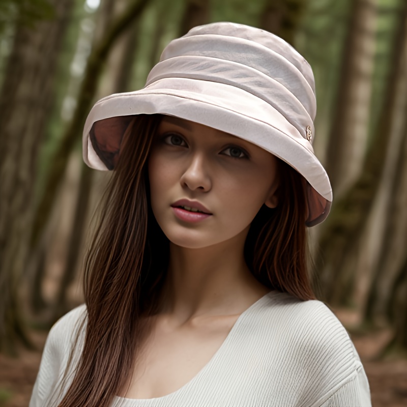 Solid Color Mulberry Silk Sun Hat, Bucket Hats Pleated Bucket Hat Summer UV Protection Sunshade Hats for Women,SUN/UV Protection,Temu
