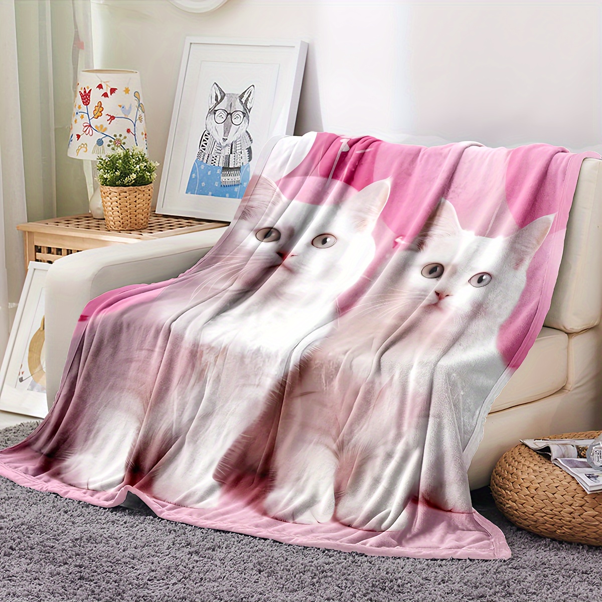 1pc Throw Blanket For Cat Lover, White Quilt For Sleeping Cute Kitten Print  Blanket Flannel Fleece Throw Blanket, Super Soft Cozy Blanket For Birthday