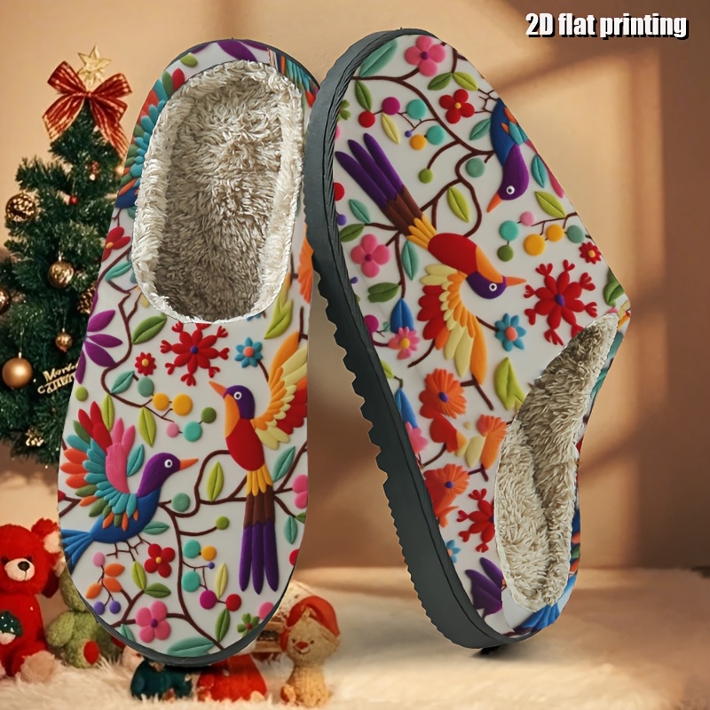 TEMU 2d Flat Printing, 1 Pair, Fuzzy Slipper, Unisex, Colorful Felt Birds, Flowers, Leaves On Branches, Women Shoes