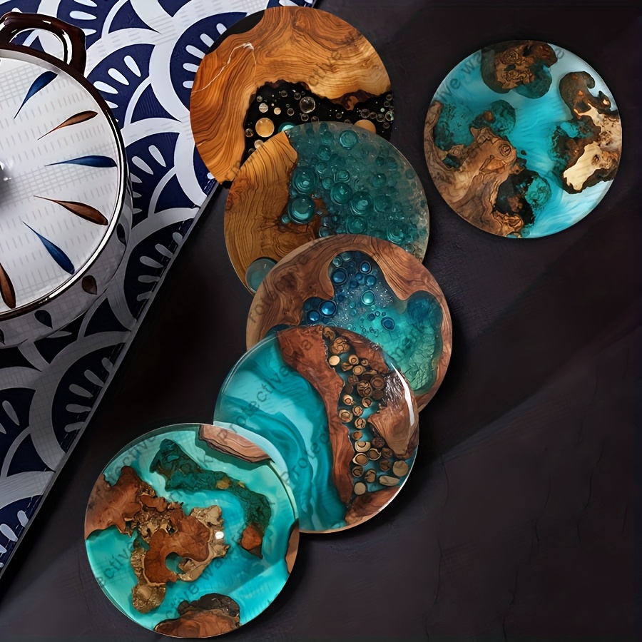 TEMU 6pcs Set Of Turquoise Resin Wood Grain Pattern Wooden Coasters, Car Coasters, Tea And Coffee Coasters, Home Decor And Housewarming Gifts,