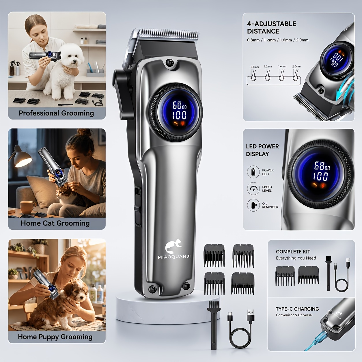 TEMU Cat And Dog Grooming Kit, Electric Clipper, Rechargeable, Cordless, Pet Hair Thick Coat Trimmer And Grooming Kit, Includes 4 Limit Combs,