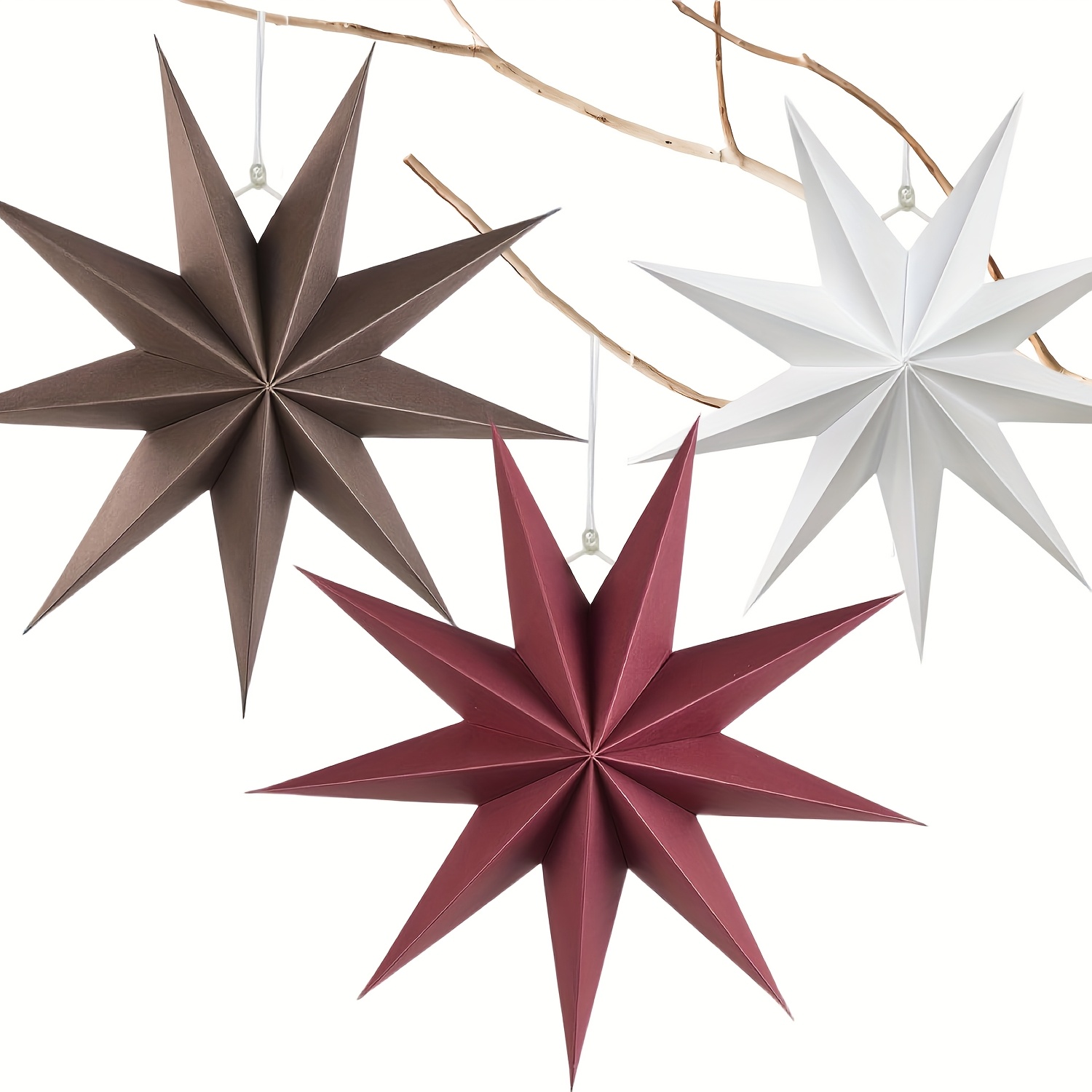 TEMU 3 piezas, Estrellas de papel de 9 puntas de estilo vintage para decoración navideña, borgoña, marrón, , adornos colgantes de Navidad para
