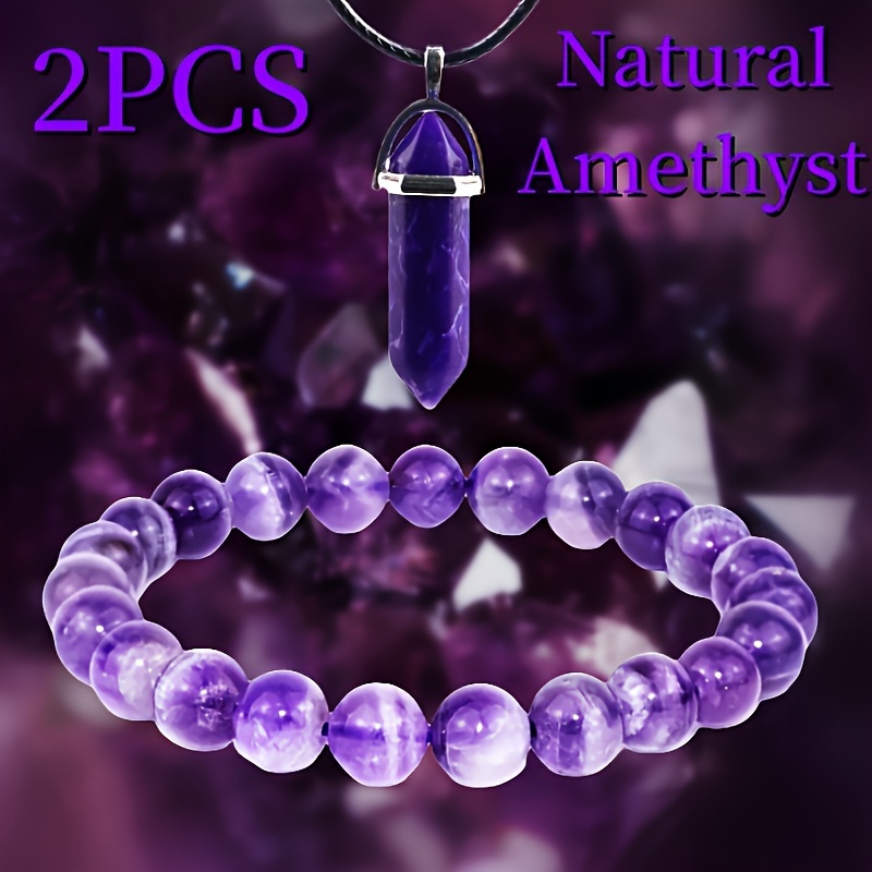 

2pcs Lavender Amethyst Necklace Bracelet Set Simple Single Circle Natural Stone Bracelet Hand Jewelry For Men Women