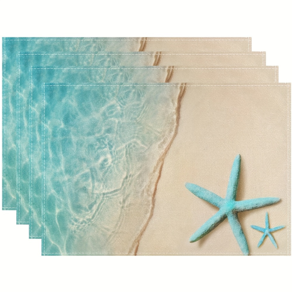 

1/4/6pcs, Placemats, Starfish Seaside Design, Hello Sunshine Theme Polyester Table Pads, Summer Seasonal Farmhouse Table Decor, Perfect For Home, Party, Dining Room & Kitchen Use