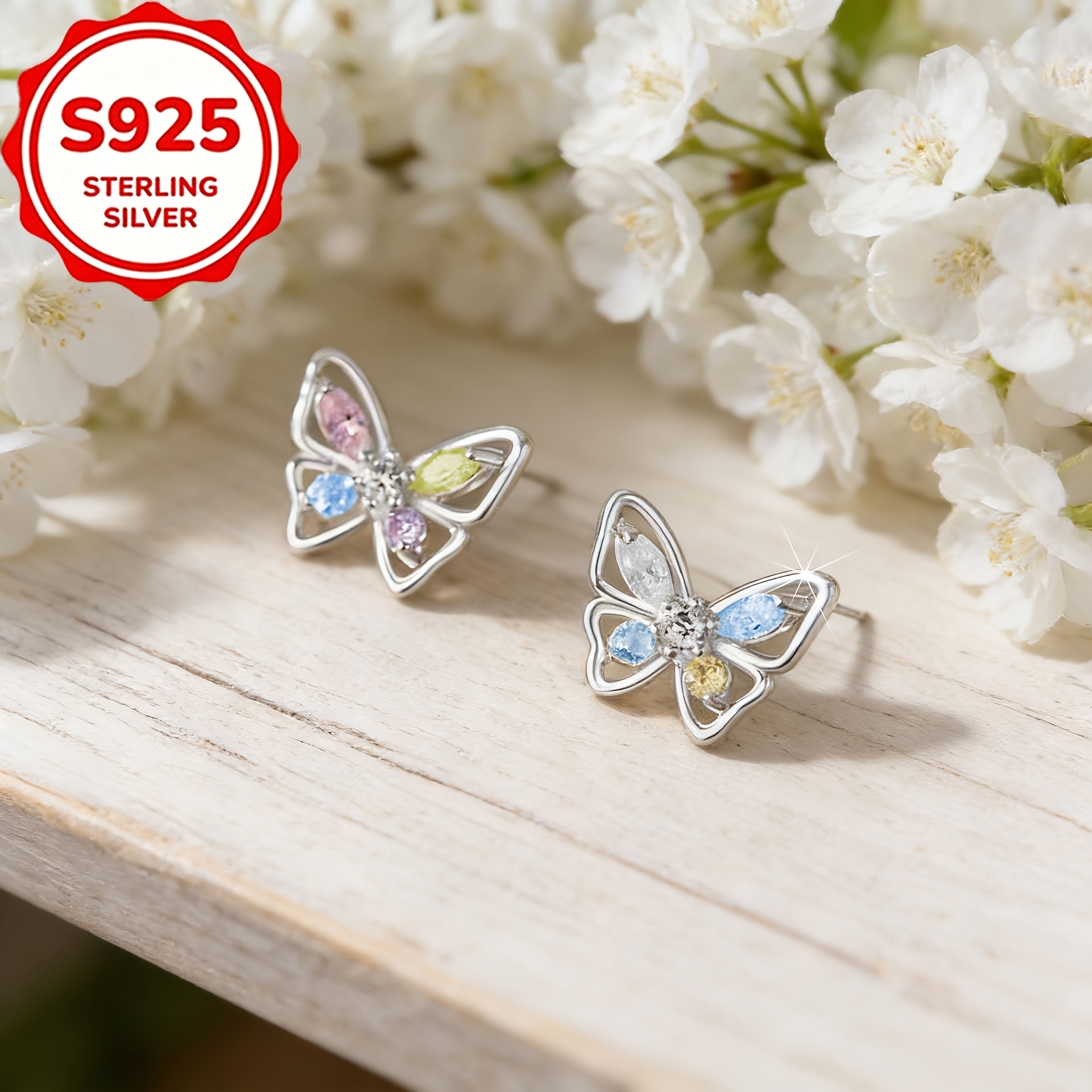 Women's S925 Silver Hollow Butterfly Stud Earrings with Multicolor Zirconia