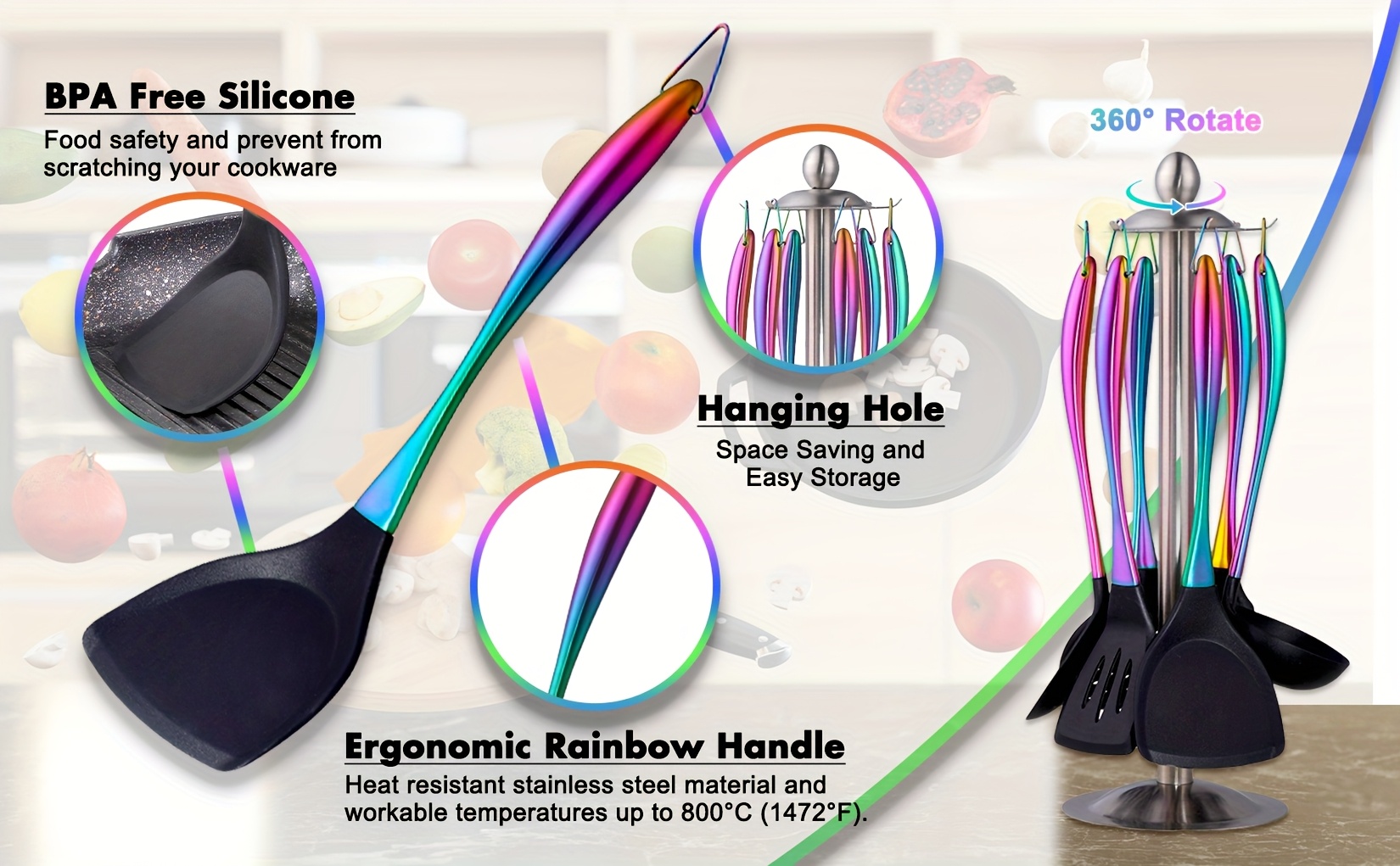 kitchen utensils set 17pcs titanium rainbow silicone spatula silicone cooking utensils set with holder heat resistant silicone utensils for cooking non stick spatula set ladle with stainless steel handle skimmer details 1