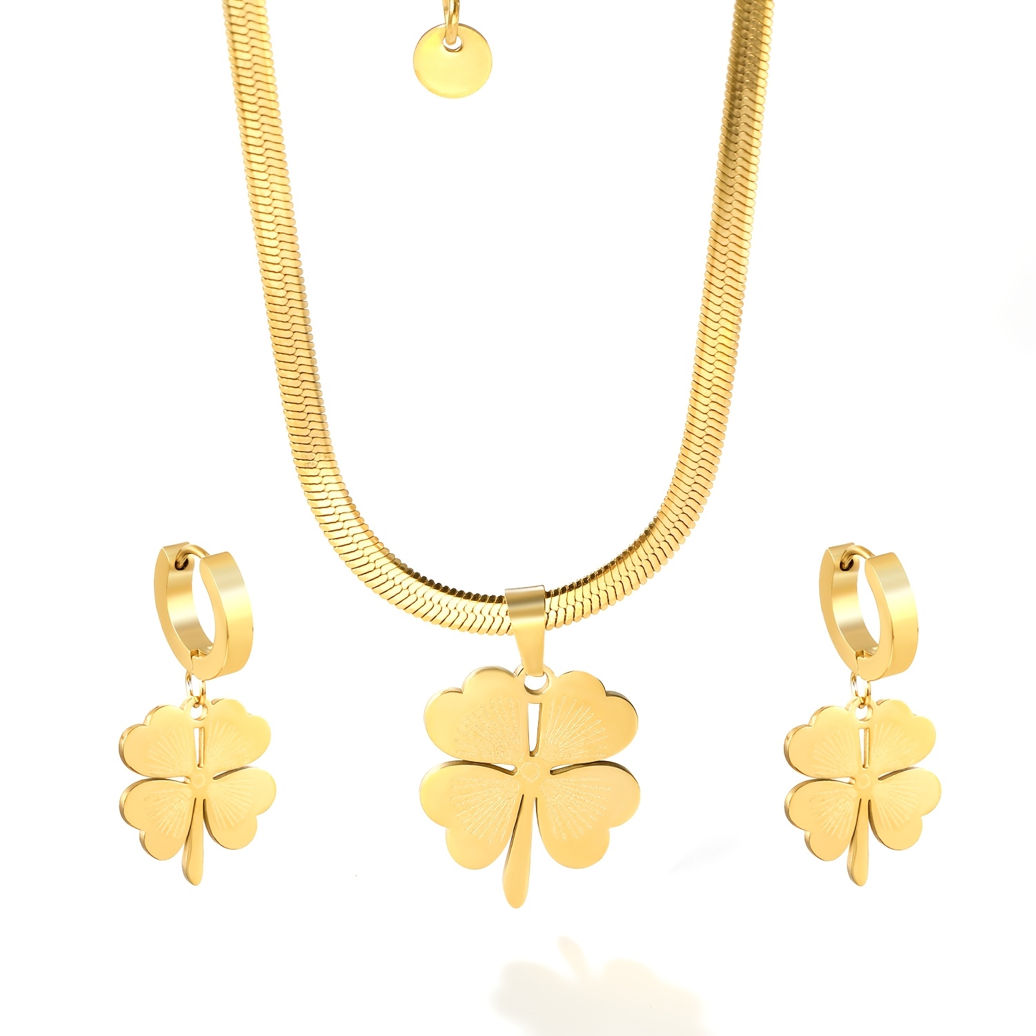 TEMU 2pcs Fashion Golden Stainless Steel Jewelry Set, Elegant Clover Necklace & Earrings, Luxury Women's Jewelry For Daily Wear & Gift , Fashion