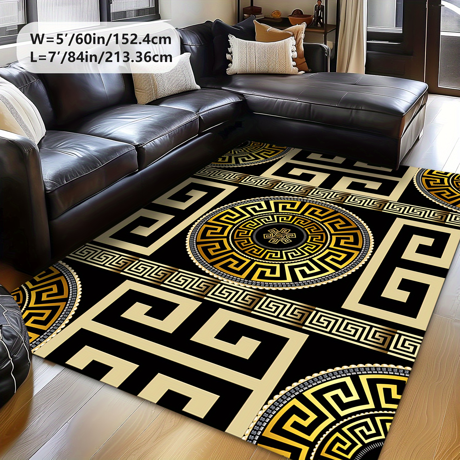 

Luxurious Black And Golden Geometric Pattern Area Rug, Velvet Polyester Fiber, Non-slip & Machine Washable, Low Pile Rectangle Rug For Living Room, Bedroom, Indoor Decor, Multiple Sizes Available