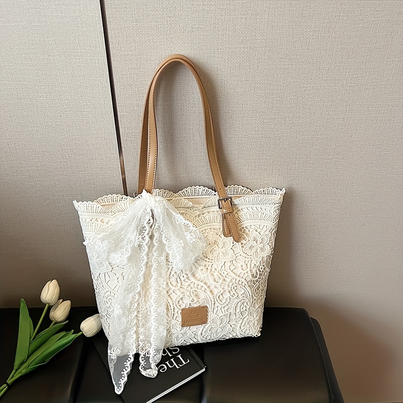 lace large capacity tote bag new summer trendy style with scarf gift contrast color womens fresh artistic handbag