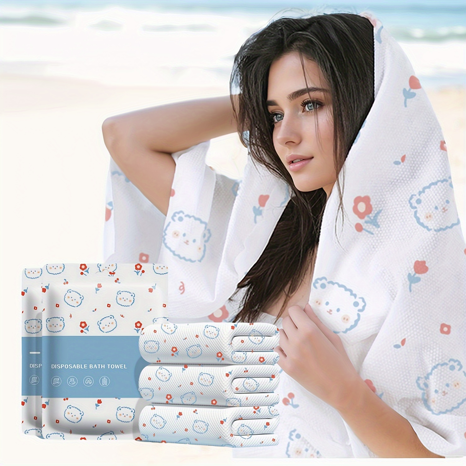 

6- Disposable Printed Bath Towels, Individually , , , High Quality No-wash Towels For , Camping, Towel, Unscented, No Battery Needed