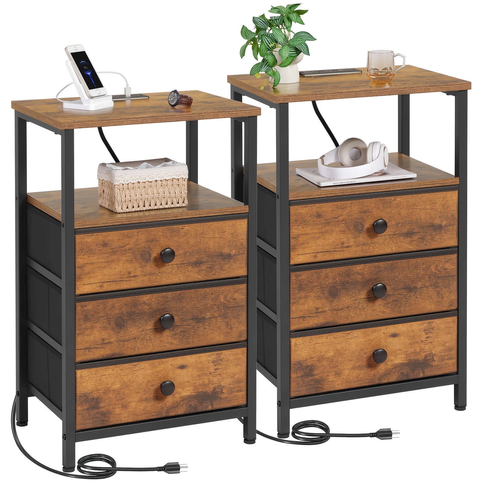 TEMU TZWAKED Table d'appoint avec station de charge, Table de chevet à 3 tiroirs, Convient pour chambre à coucher, salon, Cadre en métal, Plateau en