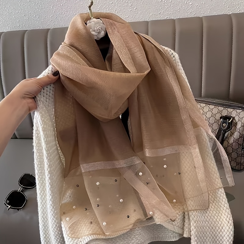 TEMU The Light Luxury Shimmering Golden-striped Women's Scarf Features A Double-layer Spliced Structure. Body Is A Solid-colored Textured Base,