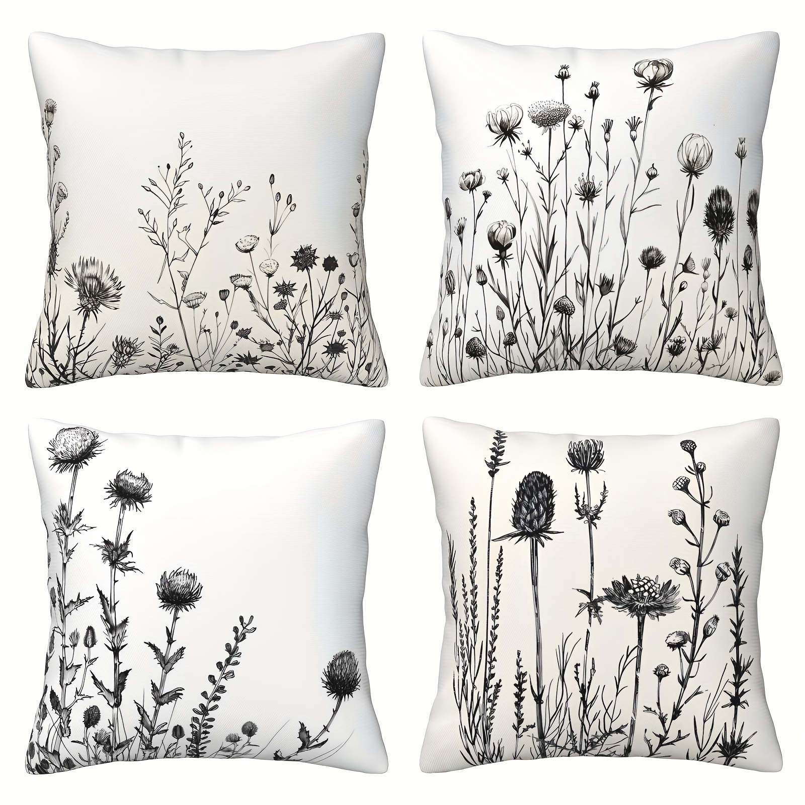 

4-piece Set Vintage Wildflower Ink Drawings - Soft Plush Pillow Covers 18x18", Perfect For Sofa, Bedroom & Car - Machine Washable, Zip Closure