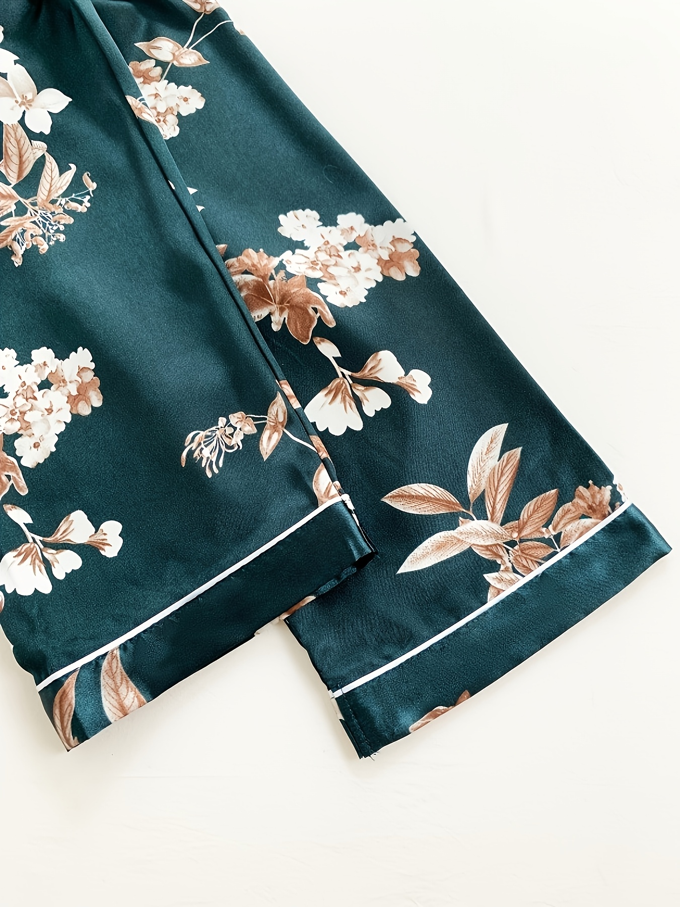 3pcs set of satin classical floral pajamas including womens short sleeved stand up collar top and shorts long pants pajamas   three piece set Product details 1