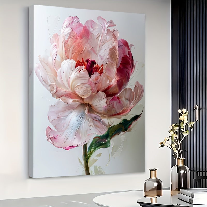 Image of 2d Flat, 1pc Pink Peony Petals Oil Painting Poster - Solid Wood Frame Wrap-around Canvas Wall, Pink Suitable For Living Room Decor, Modern Minimalist Chinese Botanical Painting For Decoration, 2d Flat