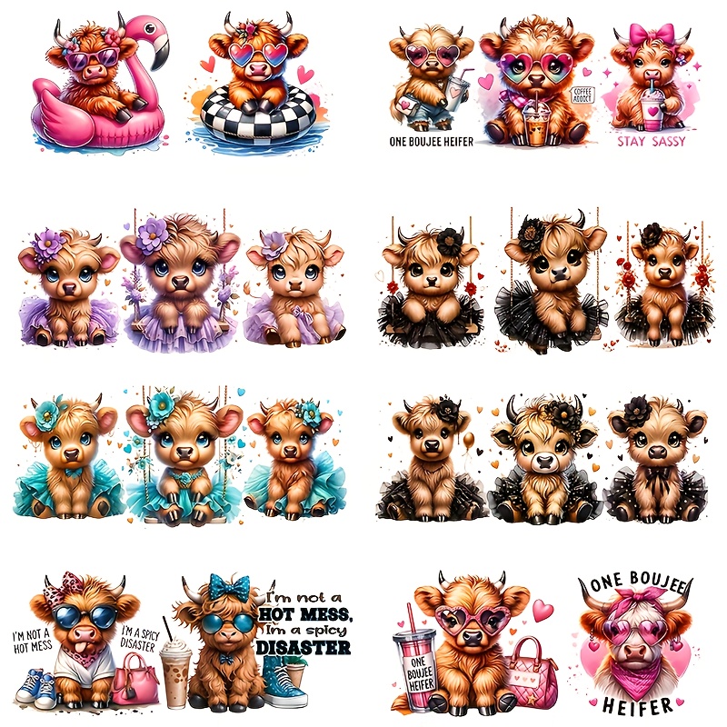 TEMU 8pcs Cute Highland Cow Transfer Paper Uv Dtf Transfer Cup Sleeves Suitable For 16oz Glass Coffee Cups, Mugs, Ceramics, Computer Transfer Paper,