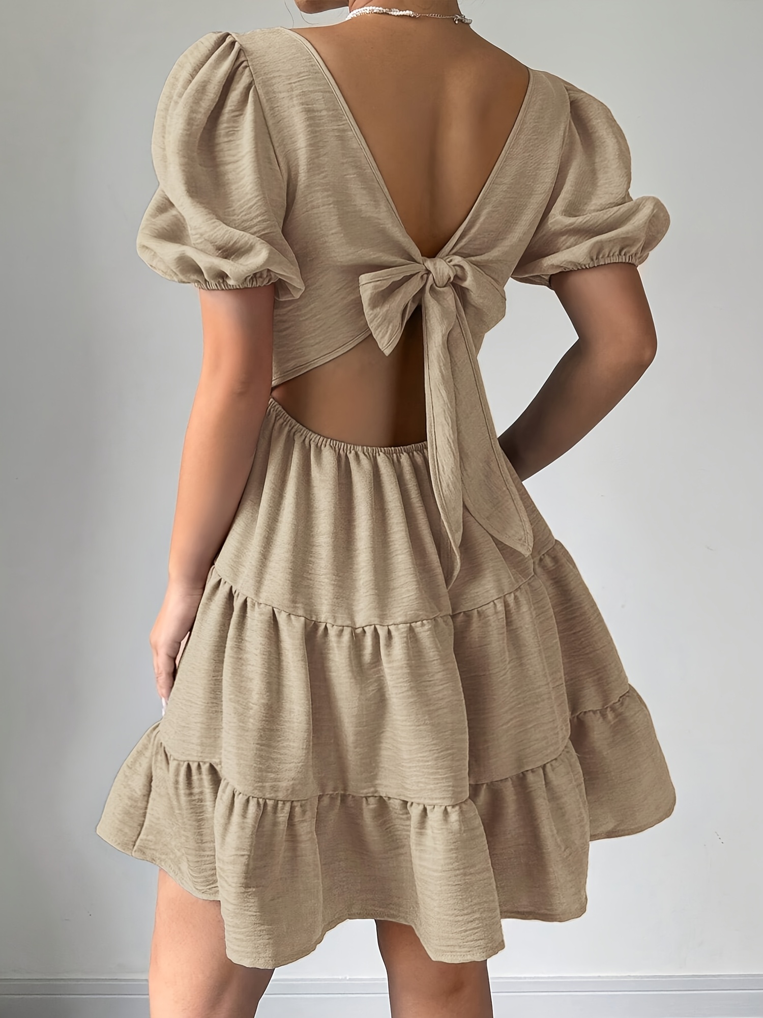womens elegant beige ruffle dress puff sleeves tie back - Temu Chile
