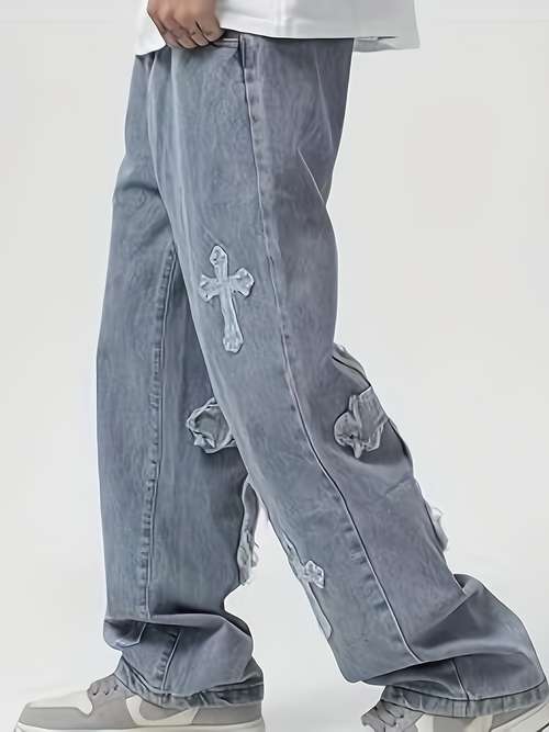 Men's Skate Baggy Loose Embroidered Rap Hip Hop Jeans – Black Denim – Mid Rise – Various Waist Sizes