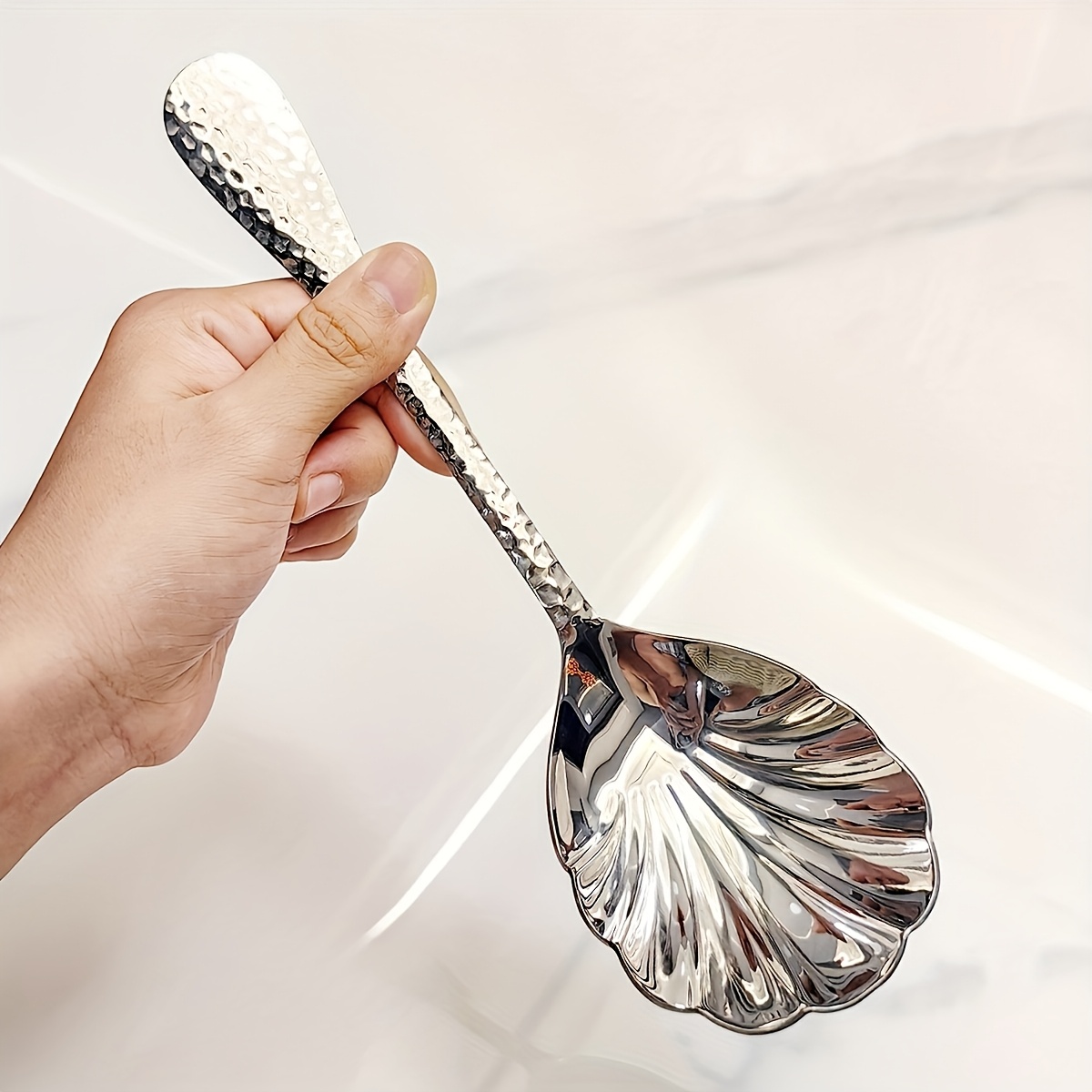 TEMU Stainless Steel Hammer Pattern Large Spoon, High-end Soup Ladle, Serving Spoon, Household And Hotel Buffet Spoon, Creative Gift Spoon - Kitchen,