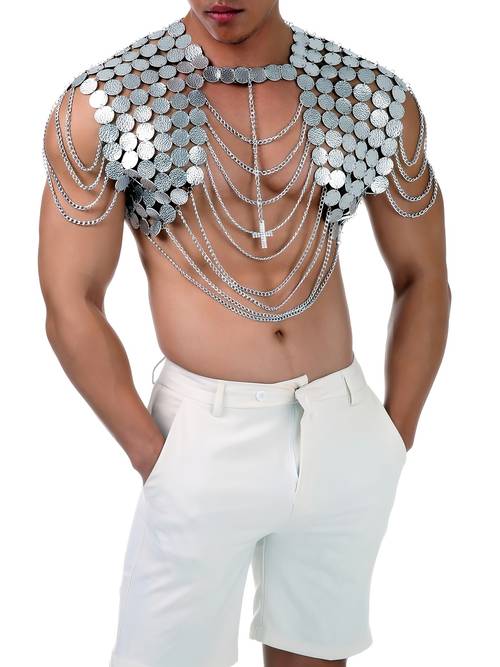 herren glänzendes crop-top-weste mit metallkette-brustgeschirr schulterträgern