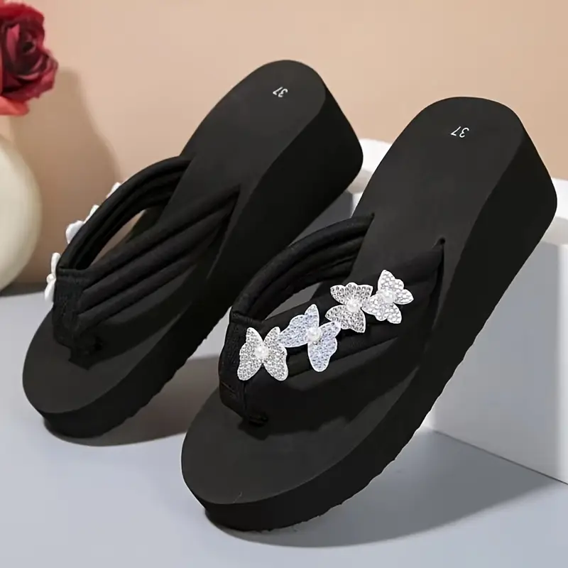 womens fashion butterfly accented platform flip flops with anti slip wedge heel fabric straps and for details 0