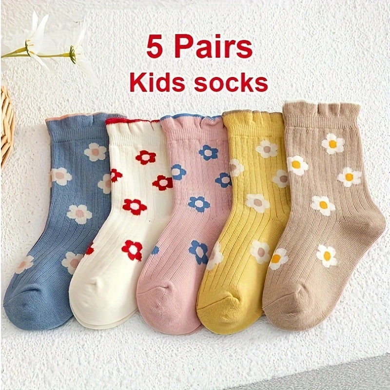 

5 Pairs Kids Socks: Cute Floral Design, Soft Cotton Blend, Hand Wash Only, Suitable For Girls Ages 12 And Under, Perfect For All Seasons