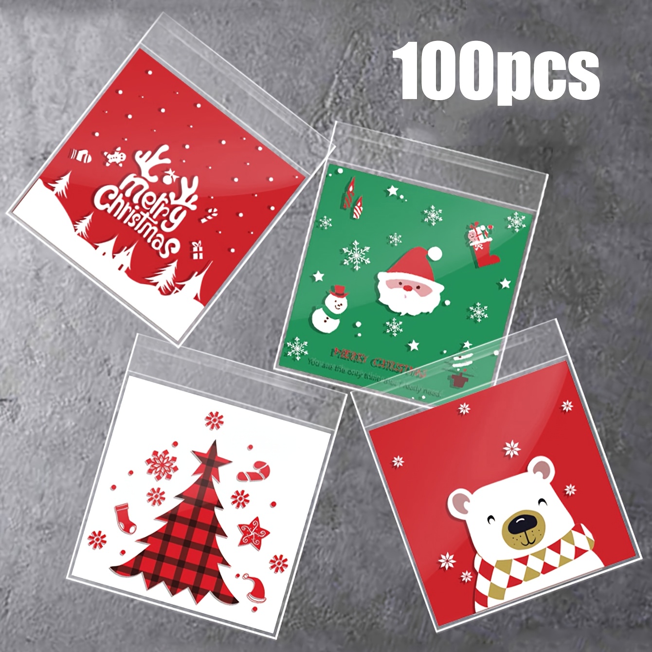 TEMU Lot de 100 sachets transparents pour biscuits et bonbons de Noël avec , sachets autoadhésifs pour cadeaux de fête pour les fêtes d'année