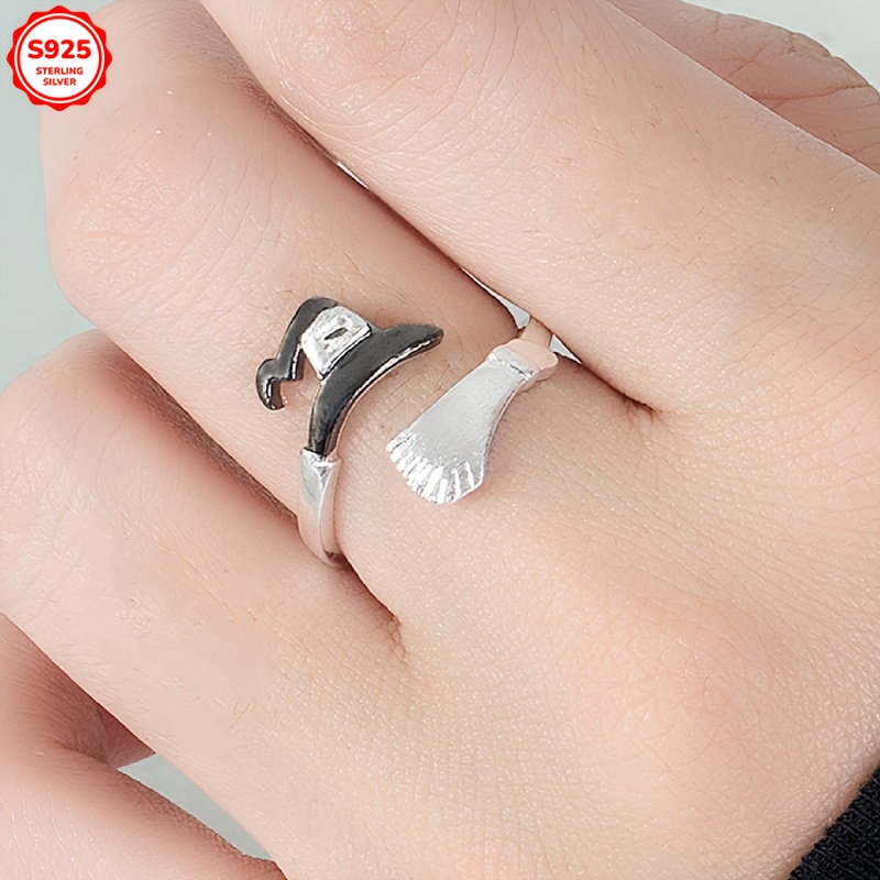 Women's Witch Hat & Broom 925 Sterling Silver Ring