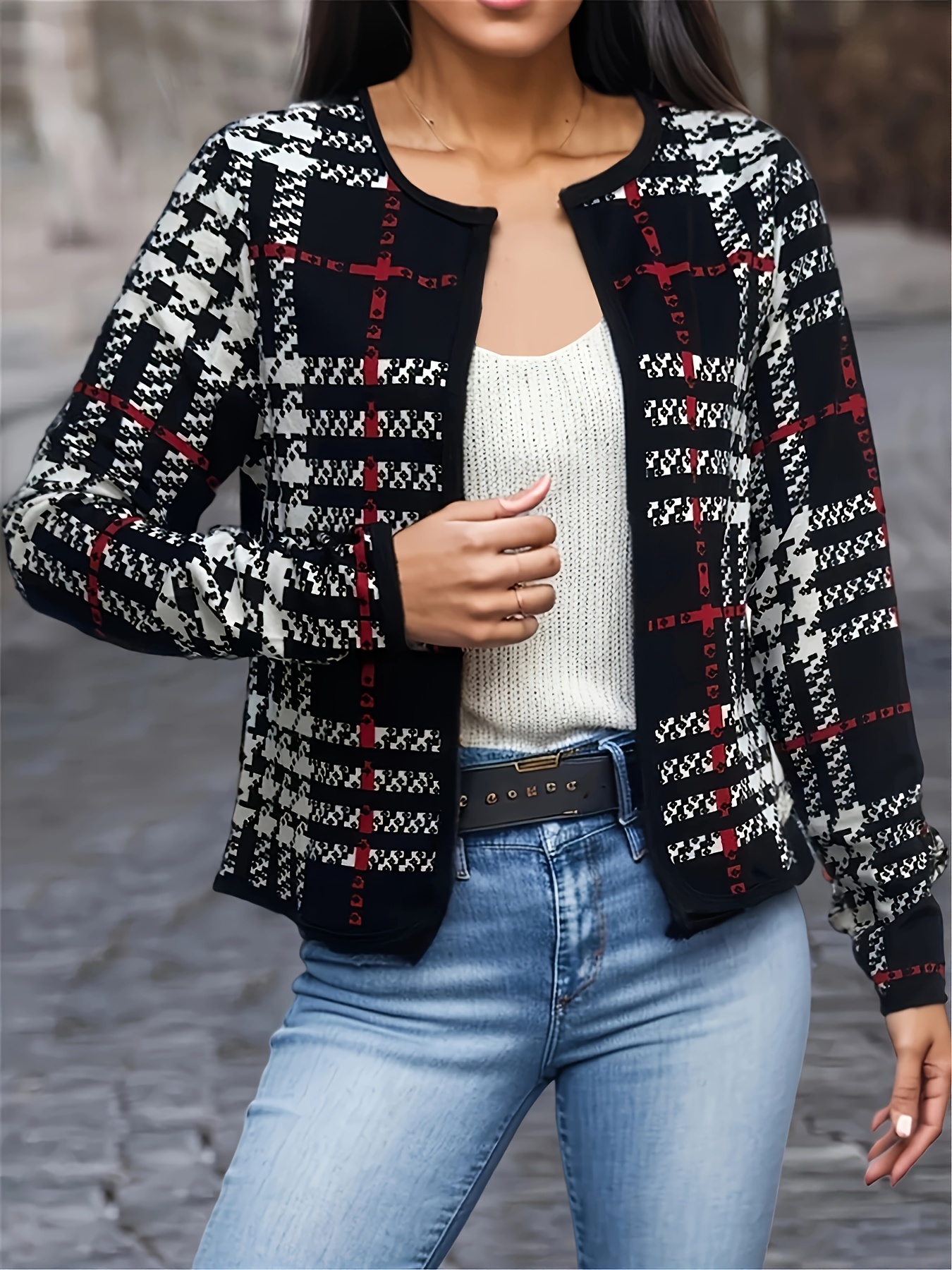 Chaqueta casual de cuadros para mujer con de cuadros rojos y blancos  larga, cierre de botones en la parte delantera, cuello abierto, ro
