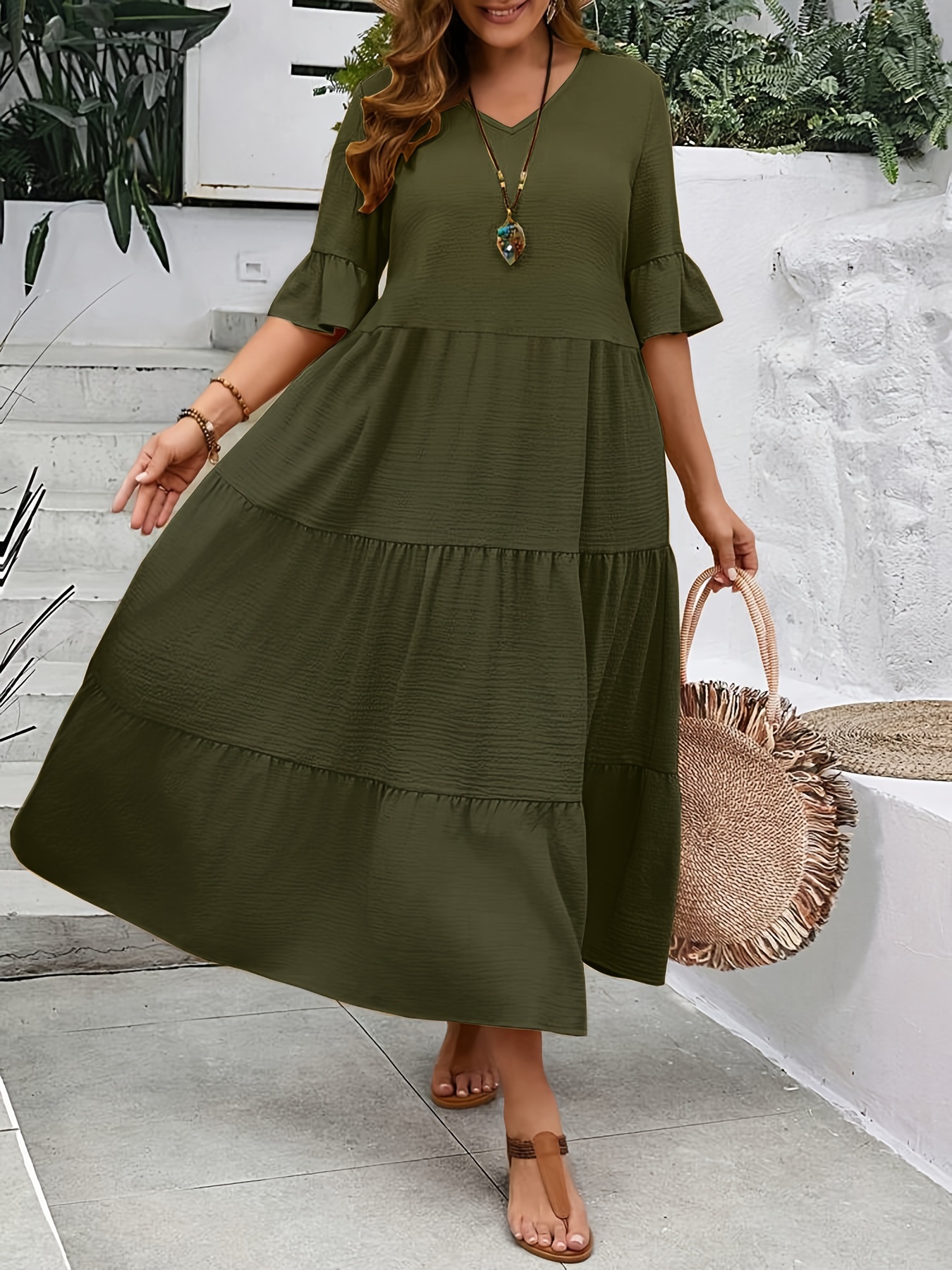 women's plus size summer casual long dress long sleeve v neck empire waist  plus size party dress | Shop Now For Limited-time Deals | Temu