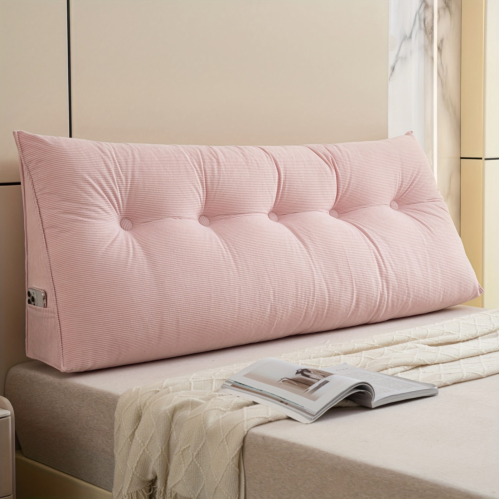 Room Headboard Twin Size Pillow Wedge Headboard Pillow King Size ,Headboard Wedge Pillow With  Pack Neck Roll Pillow Large,Removable Cover,With Two Large Side Pockets  ,Reading, Watching TV, Lounging On Bed, Back Support Pearl Gray