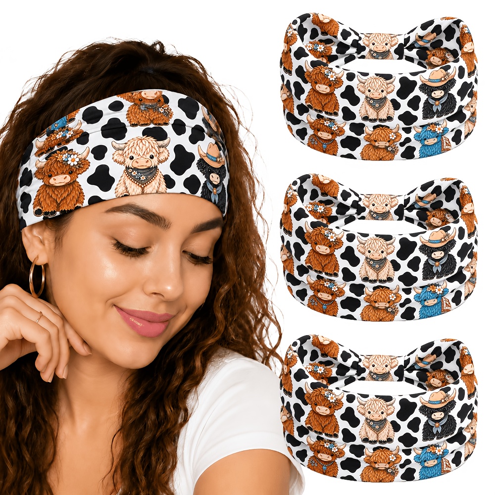 TEMU 3pcs Highland Cow Print Women's Wide Headbands, Western Cowboy Style Stretch Non-slip Head Wraps, Farm Animal Pattern Yoga And Sports Hair