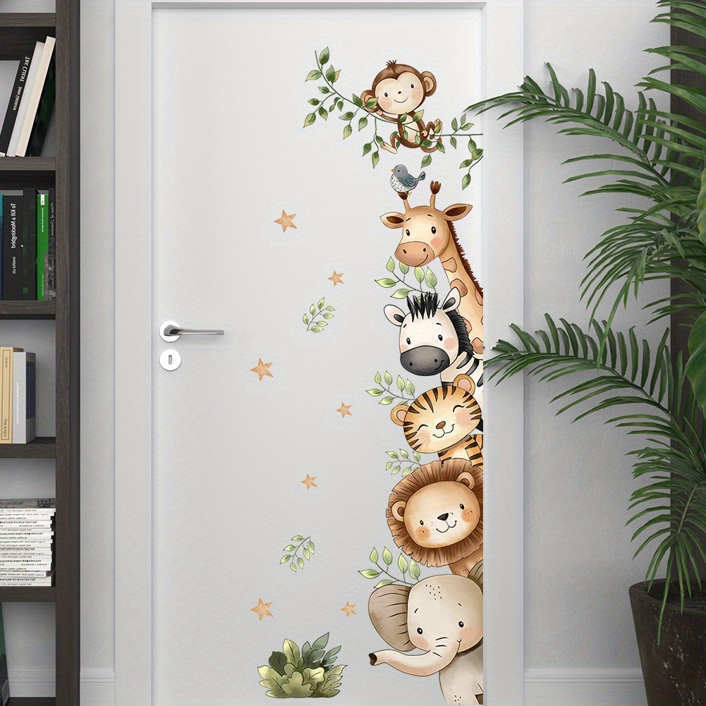 Image of Watercolor Forest Animals Elephant Lion Giraffe Zebra Door Cabinet Wall Sticker Suitable For Bedroom Living Room Sofa Background Wall Decoration