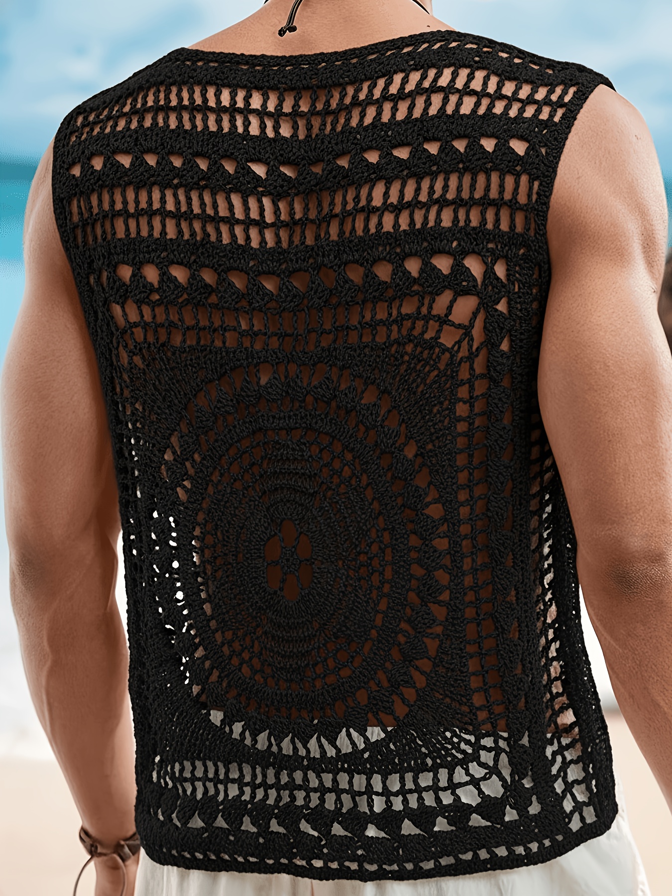 Men's Casual Solid Color Crew Neck Hollow-Out Knitted Vest, Men's Crochet Top, Men's Summer Top, Men's Beach Top, Men's Tank Top, Holiday Sleeveless Men's Crochet Top, Men's Crochet Tank Top, Men's Holiday Top, Men's Mesh Top, Men's Sleeveless Top