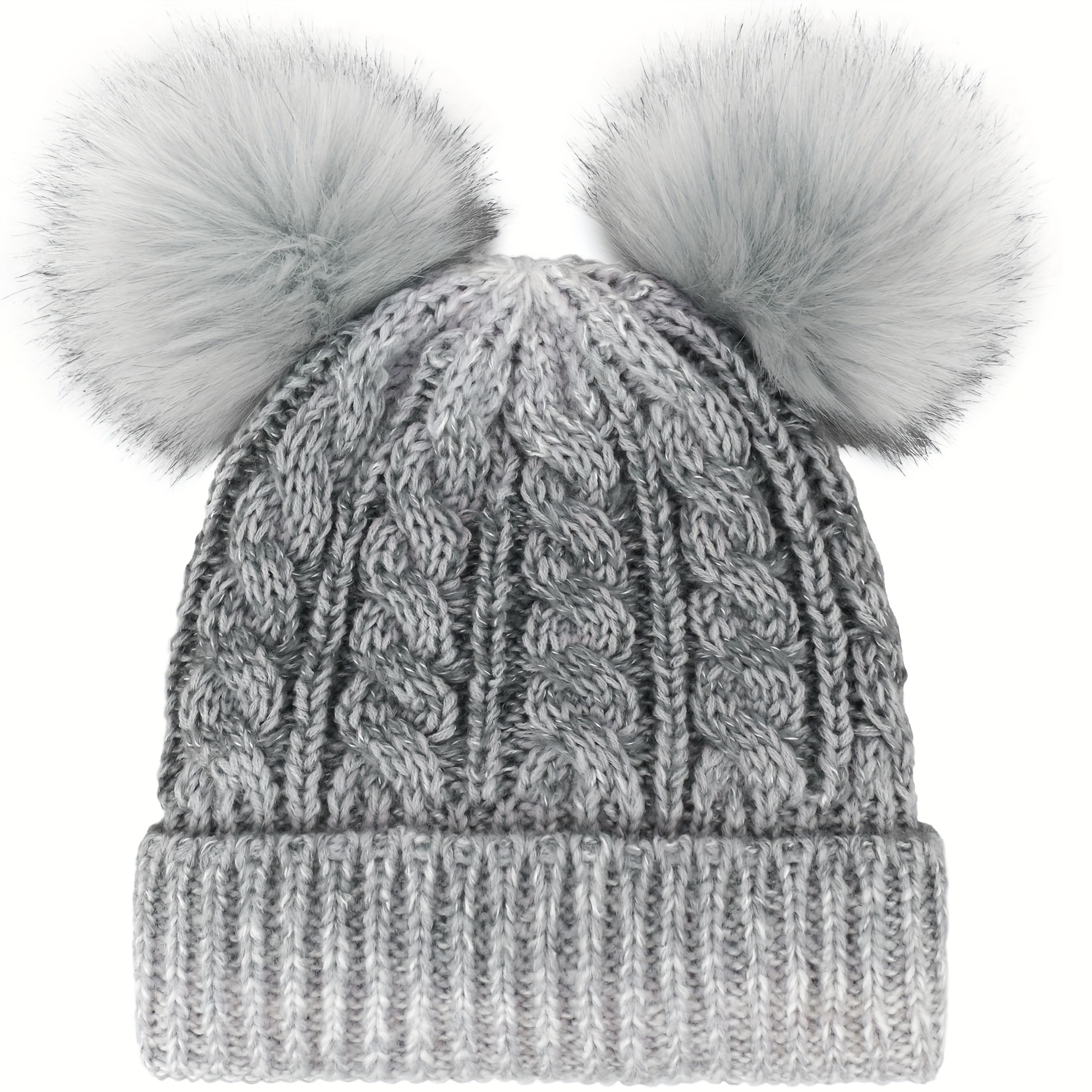 women beanie hat pom pom beanie fleece lined winter hat grey  display picture 2