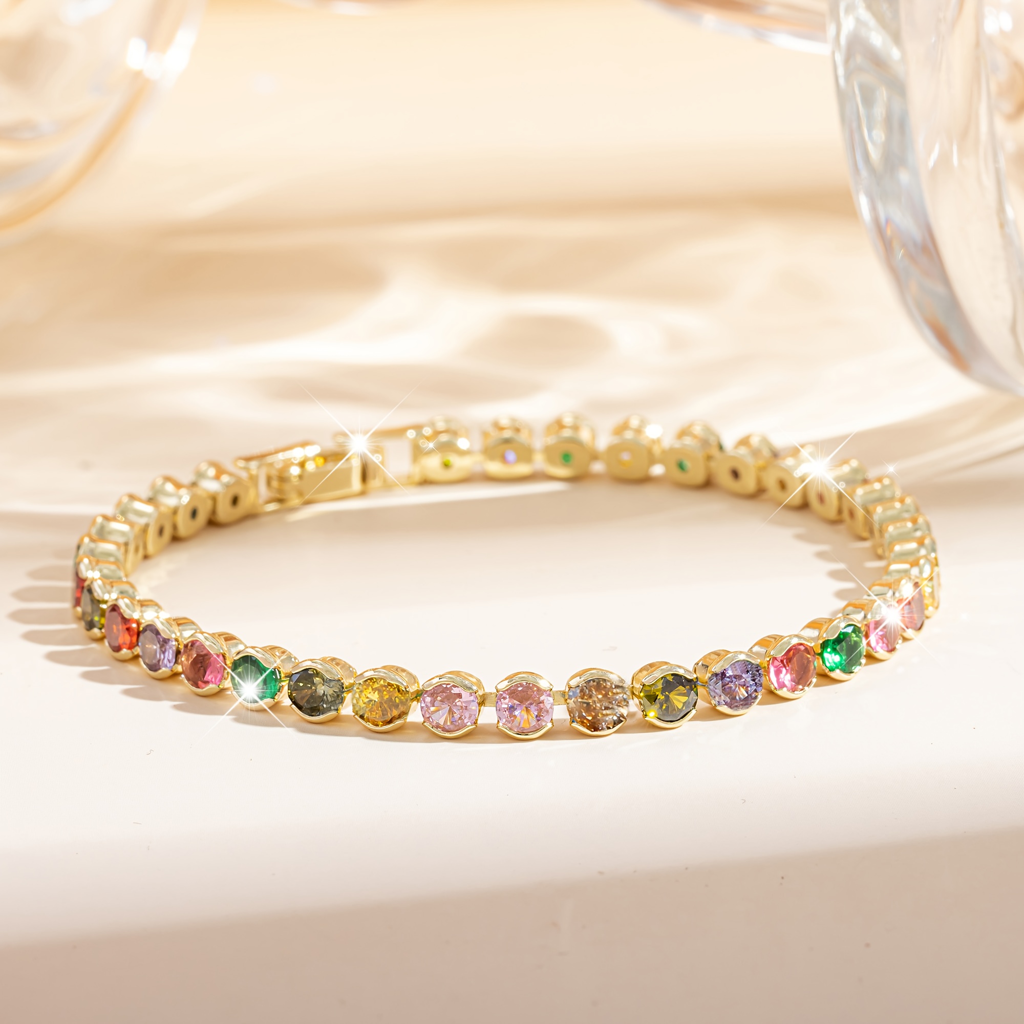 E-shop 1 Stück Frühlings- und Sommermode Rundes, farbenfrohes Dopamin Geburtsstein Tennisarmband, Exquisites Armband im Bohemian-Stil, Unisex,