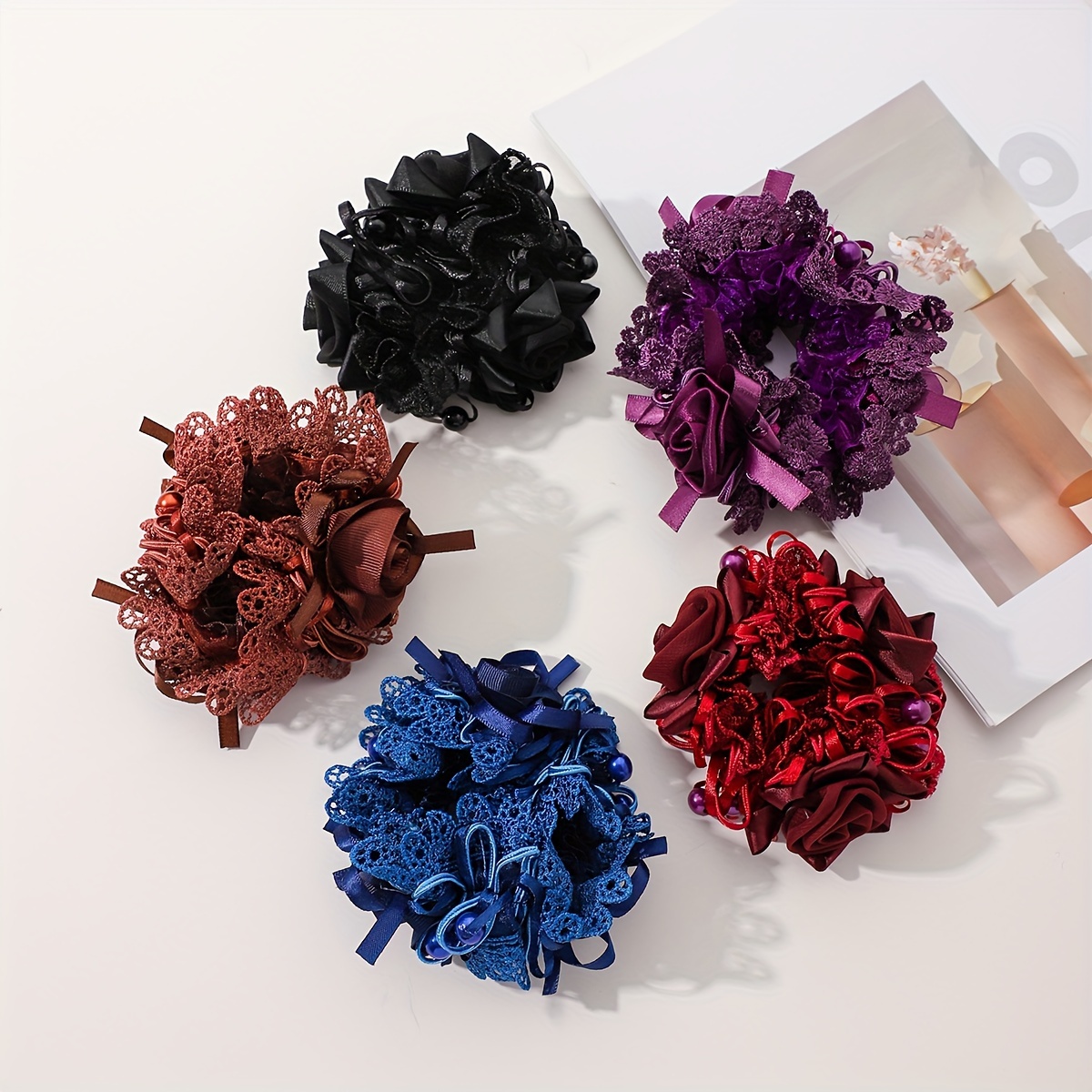 

1pc Elegant Fabric Flower Hair Ties, Handmade 3d Floral Hair Scrunchies, Fashion Accessories In Assorted Colors