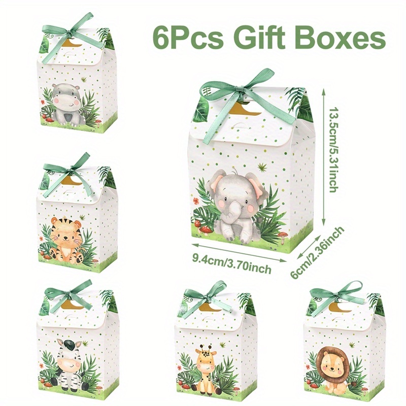 E-shop Geschenk für Sie/Ihn 6-teilig, Dschungeltier Papier Geschenkbox, Elefant Giraffe Löwe Muster Geschenkverpackungsbox, Grünes Wald Themenparty