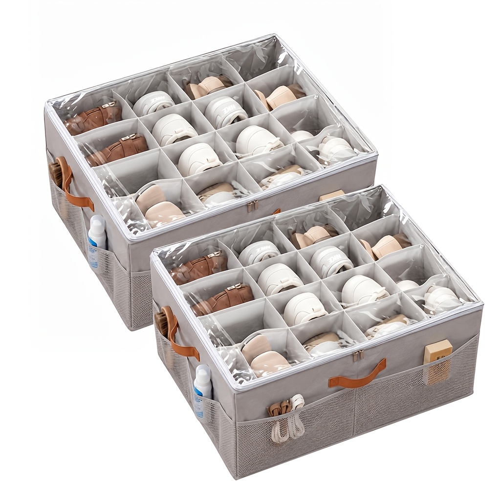 TEMU 1/ 2pcs Large 16-pair Shoe Organizer For Closet, Thick Transparent Foldable Stackable Shoe Storage Box With Reinforced Bottom Panels & Lid, Shoe