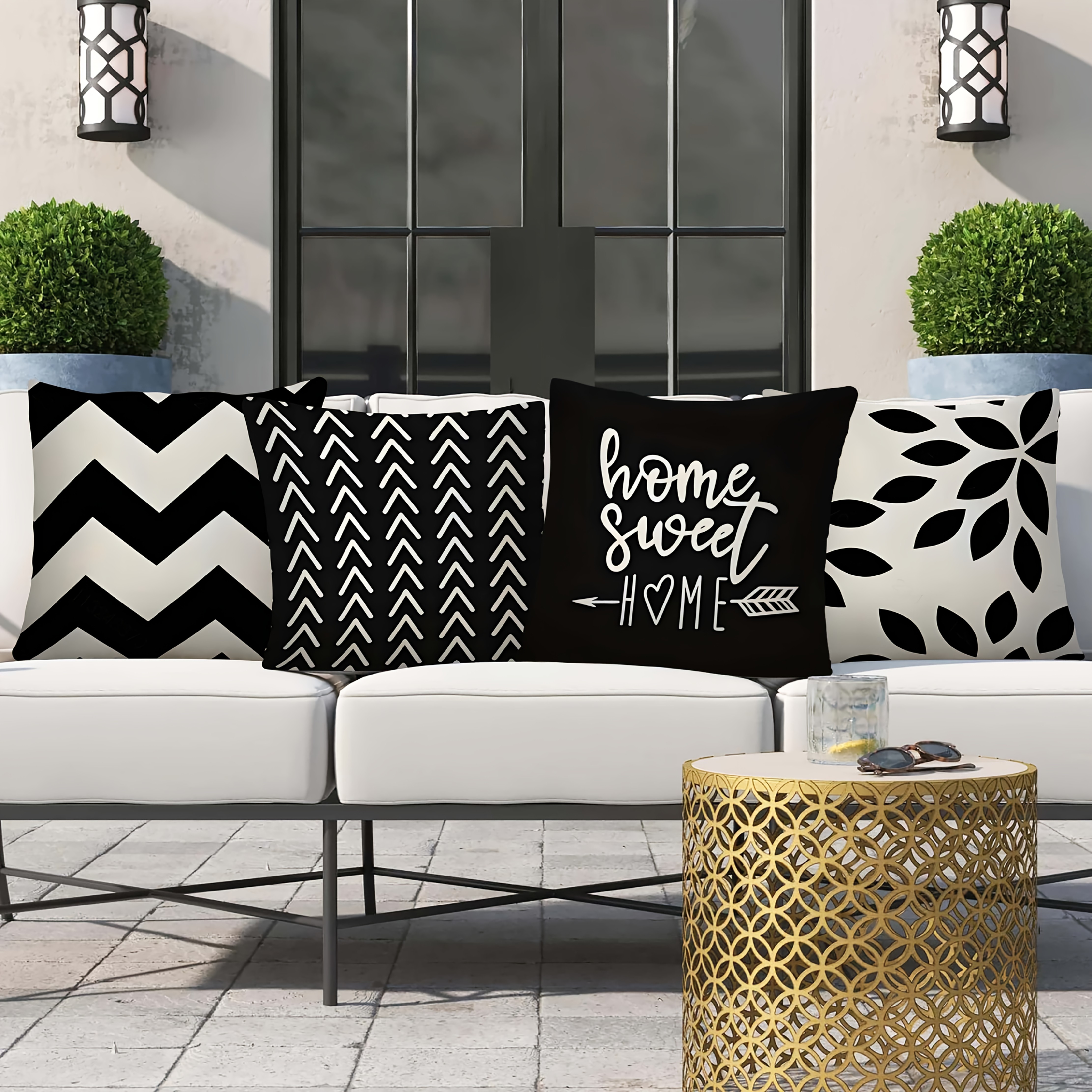 TEMU 4 housses de coussin géométriques bohèmes, artistiques feuilles et lettres et blanc - Idéal pour mobilier d'extérieur, balançoires et décoration