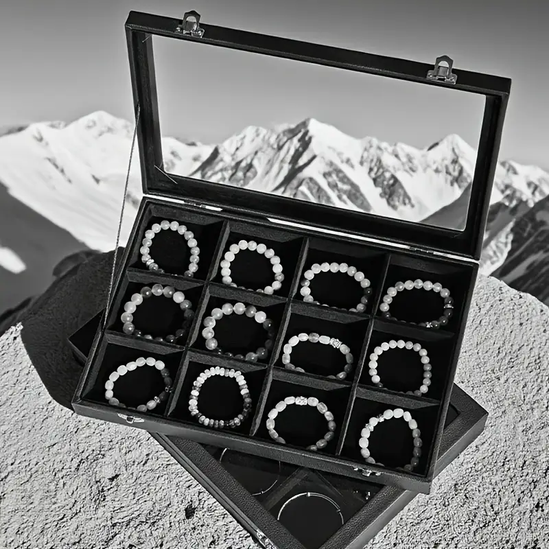 12 slot black leather jewelry box bracelet organizer for beaded necklaces rings earrings artificial handmade storage display case with desktop decoration Product details 4