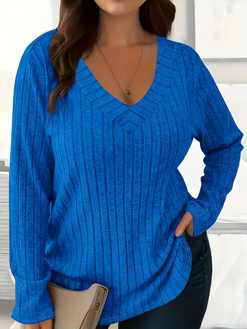 plus size plus size spring autumn and winter solid size womens top v neck ribbed brushed casual t shirt loose pullover long sleeves