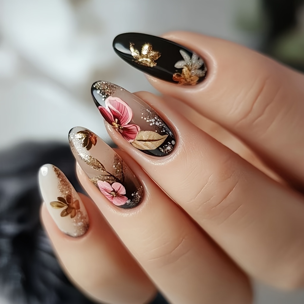 TEMU Retro Style, 24 Leaves, Pink Flower, Almond False Nails, Faded Pink Flower, Retro, New Chinese Style, Elegant, Intelligent, Gentle, Temperament,