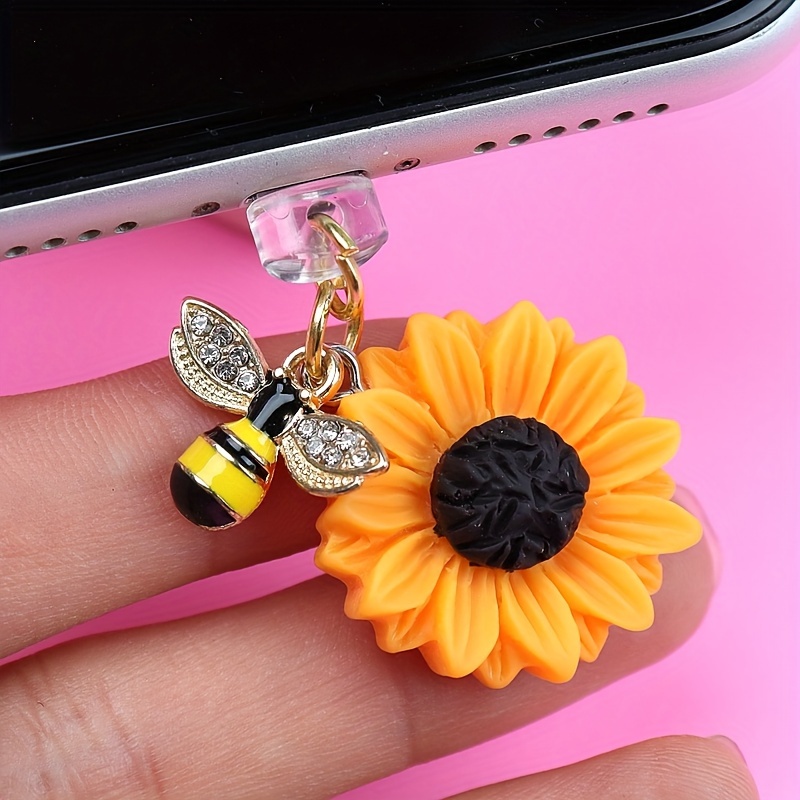 

1pc Trend Sunflower With Bee Shaped Mobile Phone Dust Plug Resin Sunflower Pendant Plug For Dust Resistant For Phone Decoration And Protection - Add A To And Keep Your Phone, Earphone Clean!