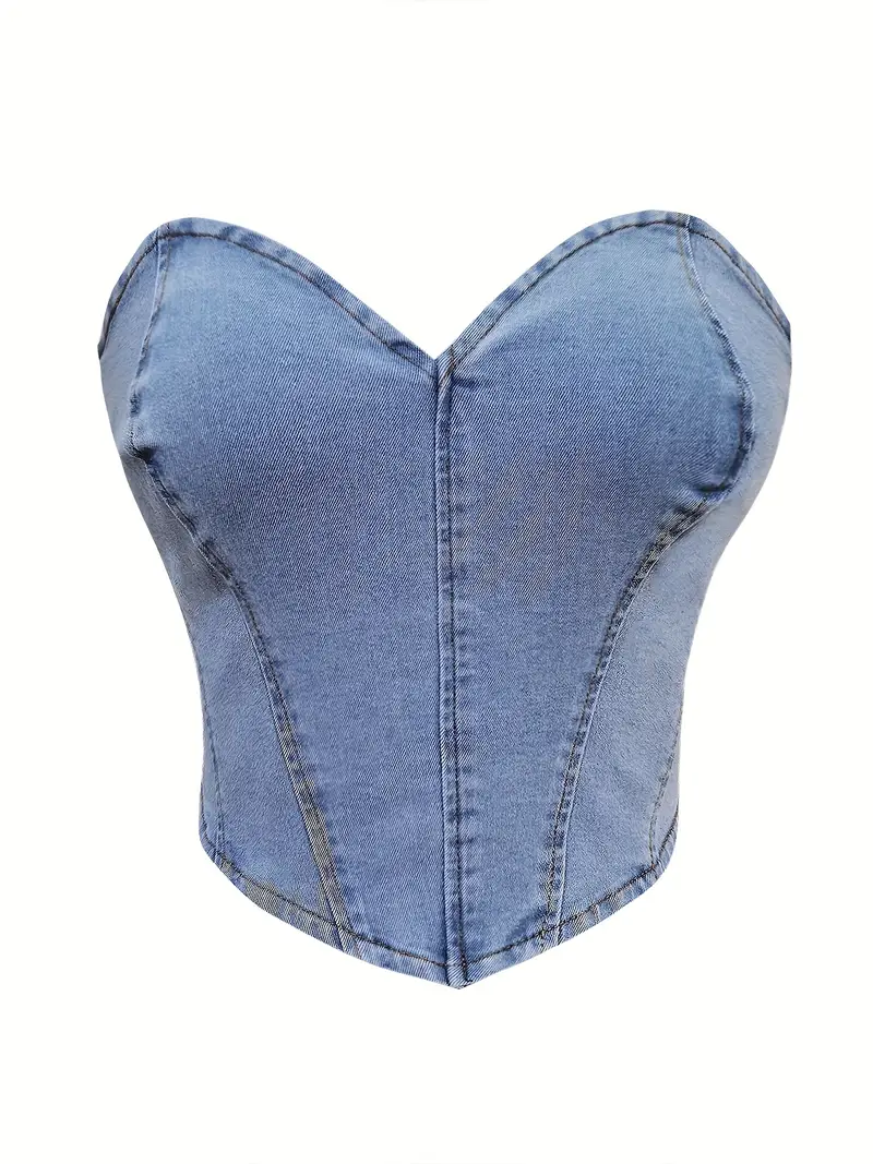 Women'S Vintage Washed Light Blue Strapless Corset Top with Back Tie Closure Stretchy Denim Fabric Jeans and Casual *re, Casual